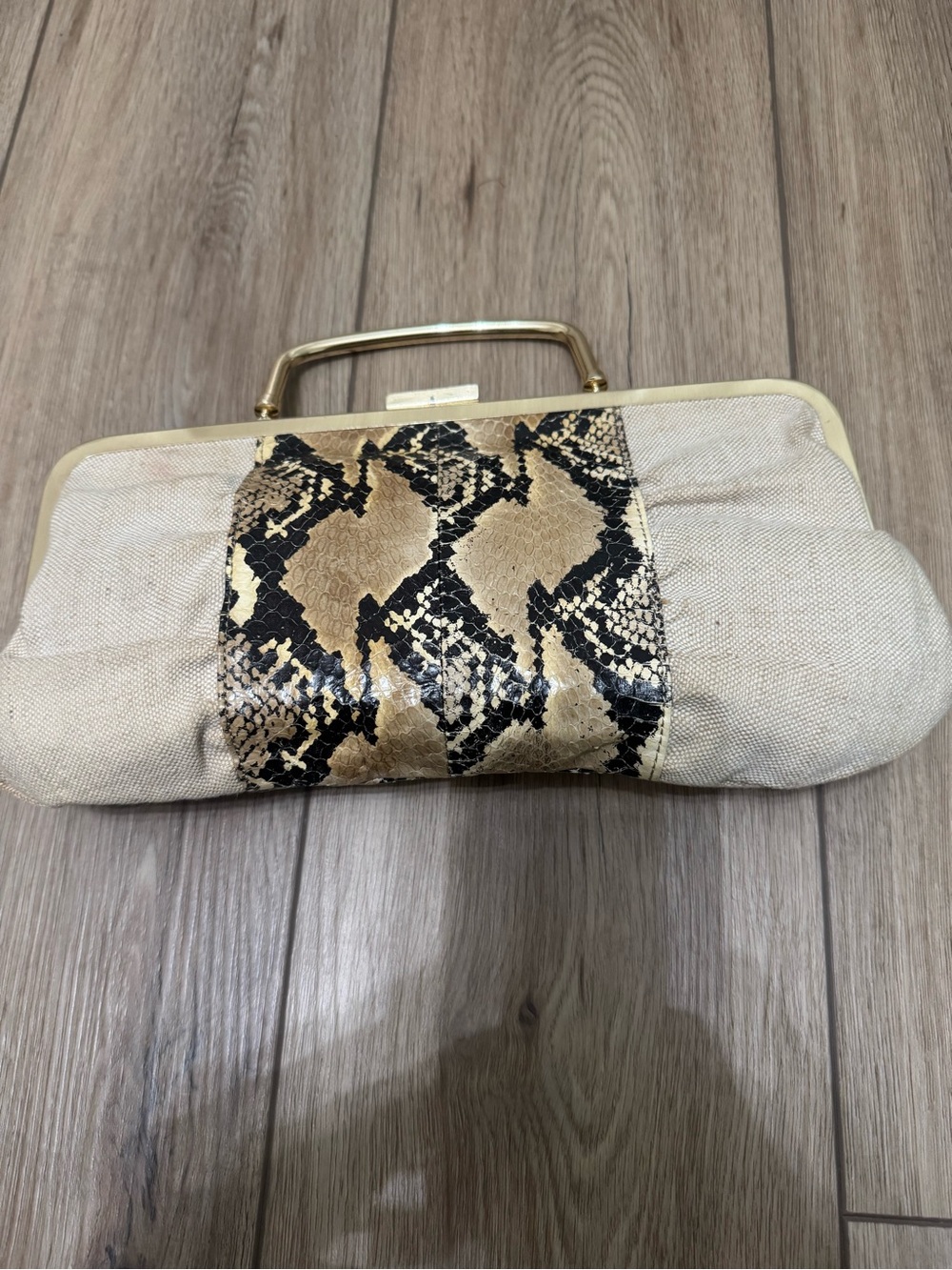 White House Black Market Beige Canvas Clutch with Gold & Black Snake-Print Panel